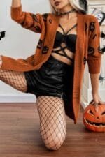 Pumpkin Print Open Front Long Sleeve Cardigan