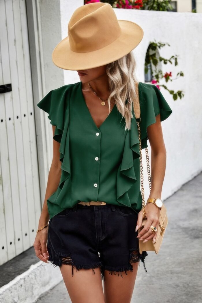 Solid Button Ruffle V Neck Fit Blouse - Image 10
