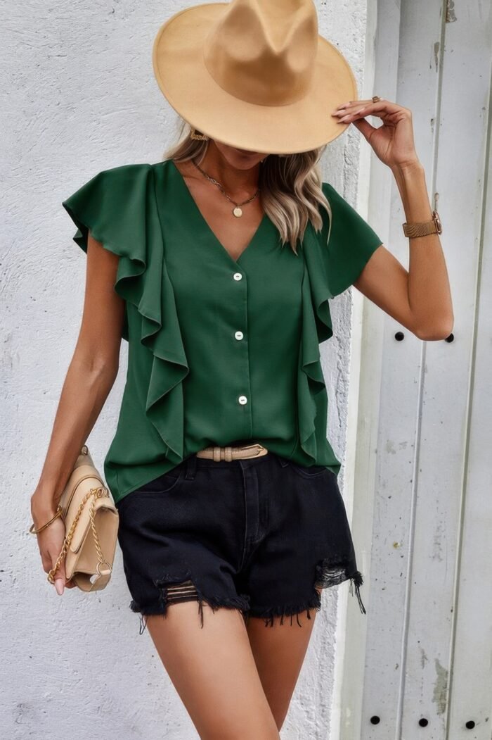 Solid Button Ruffle V Neck Fit Blouse - Image 23