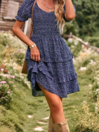 Floral Print Fit Short Sleeve A Line Dress