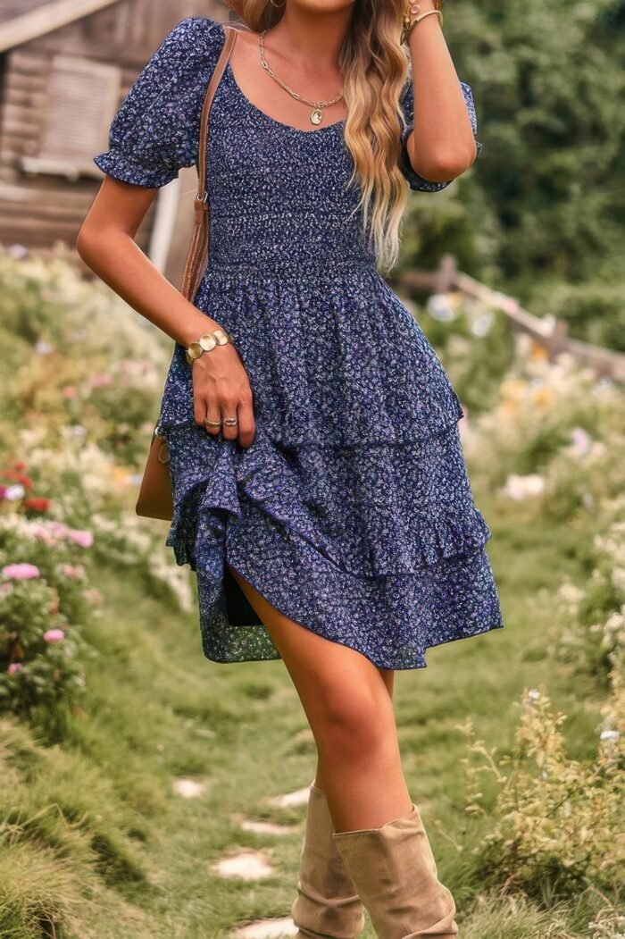Floral Print Fit Short Sleeve A Line Dress - Image 1