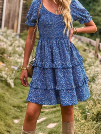 Floral Print Fit Short Sleeve A Line Dress