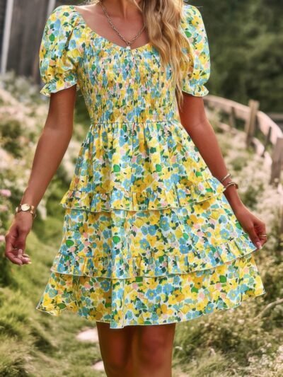 Floral Print Fit Short Sleeve A Line Dress