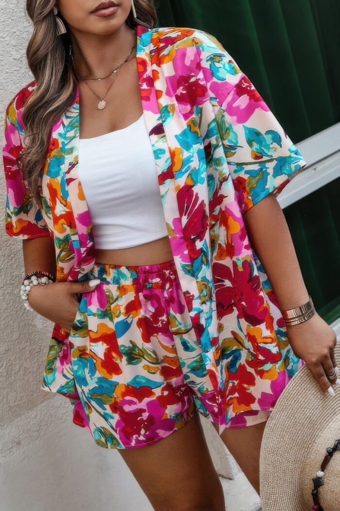 Plus Size Floral Print Open Front Shorts Sets - Image 1