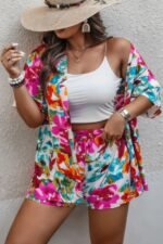 Plus Size Floral Print Open Front Shorts Sets - Image 2