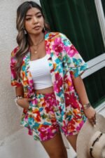 Plus Size Floral Print Open Front Shorts Sets - Image 3