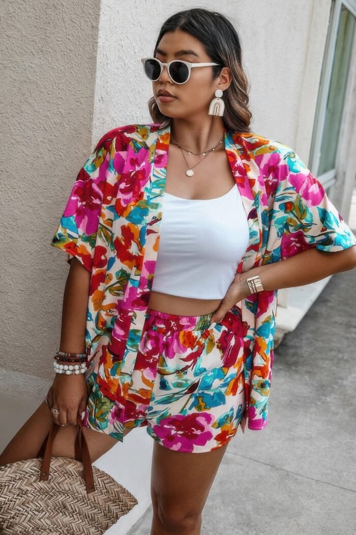 Plus Size Floral Print Open Front Shorts Sets - Image 4