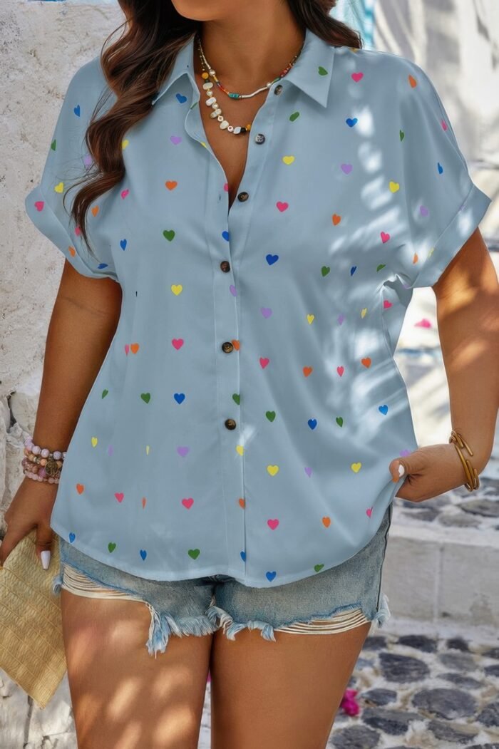 Plus Size Hearts Print Button Down Loose Blouse - Image 1