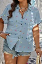 Plus Size Hearts Print Button Down Loose Blouse - Image 2