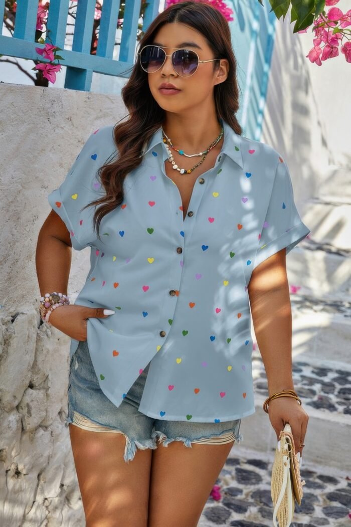 Plus Size Hearts Print Button Down Loose Blouse - Image 4
