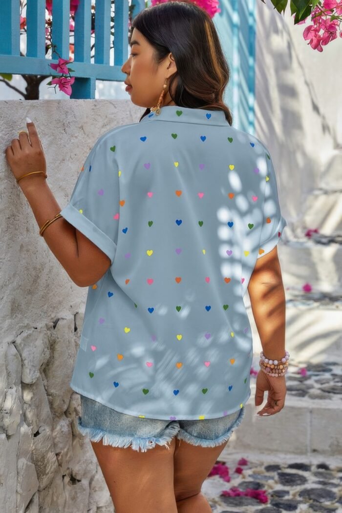 Plus Size Hearts Print Button Down Loose Blouse - Image 5