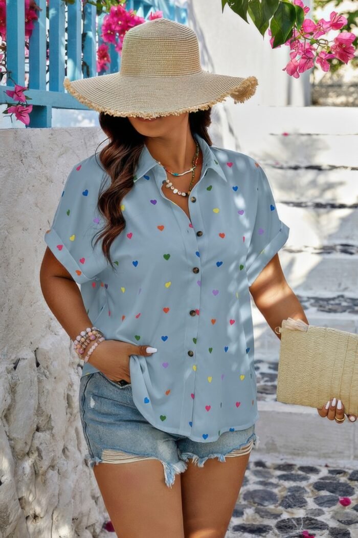 Plus Size Hearts Print Button Down Loose Blouse - Image 6