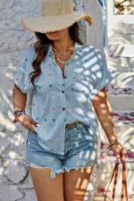 Plus Size Hearts Print Button Down Loose Blouse - Image 7