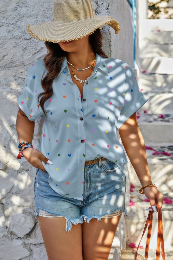 Plus Size Hearts Print Button Down Loose Blouse - Image 7