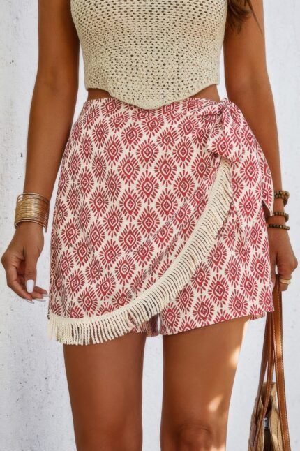 All Over Print Asymmetriec Hem Tassel Shorts
