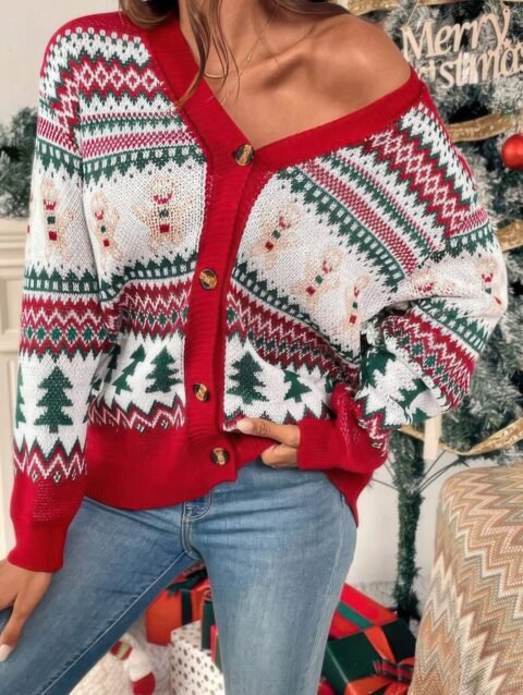 Christmas Print Knit Button Down Loose Cardigan
