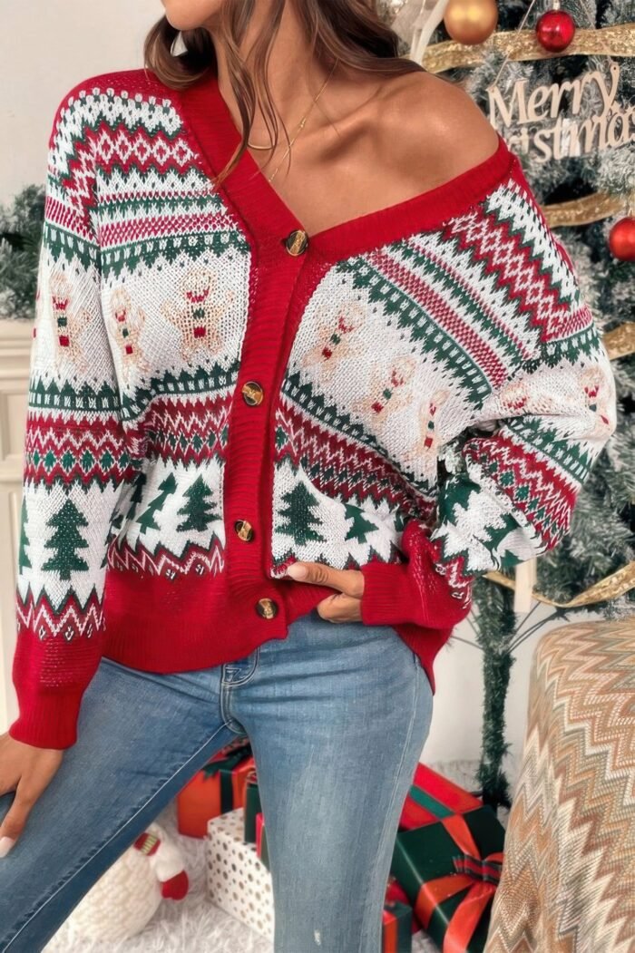 Christmas Print Knit Button Down Loose Cardigan - Image 2