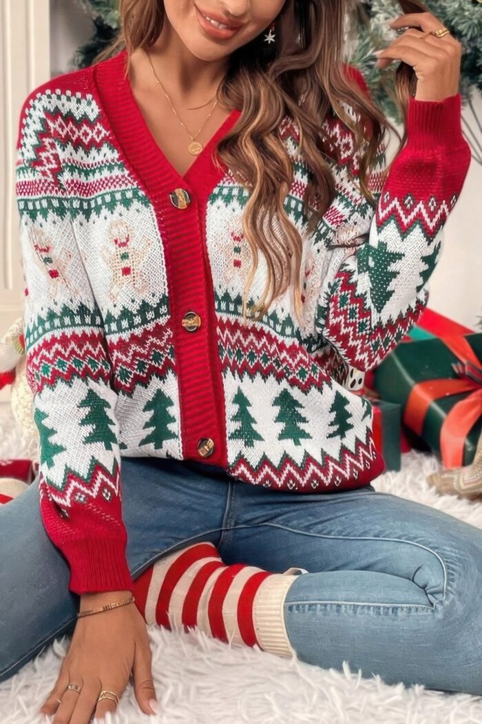 Christmas Print Knit Button Down Loose Cardigan - Image 3