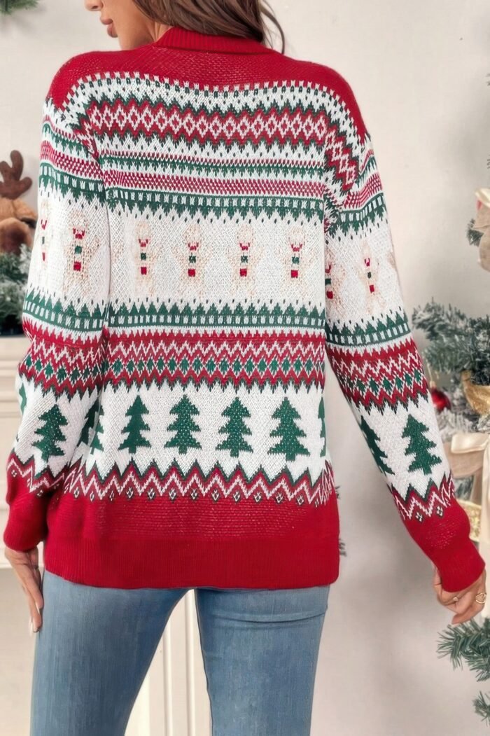 Christmas Print Knit Button Down Loose Cardigan - Image 5