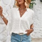 Swiss Dot V Neck Loose Half Sleeve Blouse