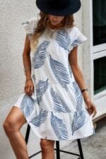 Leaf Print Loose Fit Color Block Sleeves Ruffle Dress