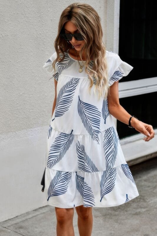 Leaf Print Loose Fit Color Block Sleeves Ruffle Dress