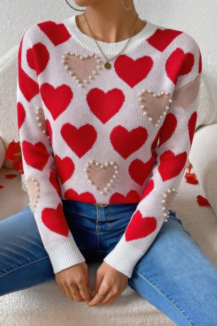 Round Neck Heart Shape Pearl Beads Knit Sweater - Image 1