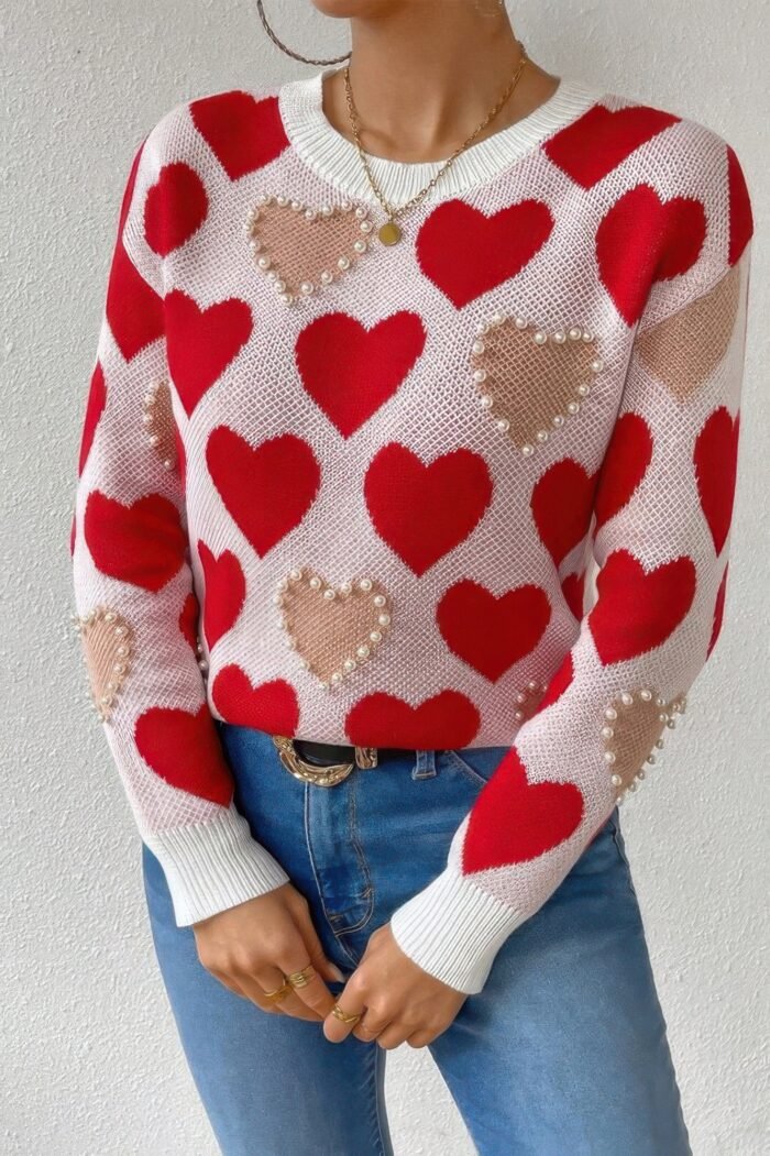 Round Neck Heart Shape Pearl Beads Knit Sweater - Image 2