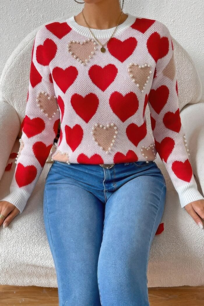 Round Neck Heart Shape Pearl Beads Knit Sweater - Image 3