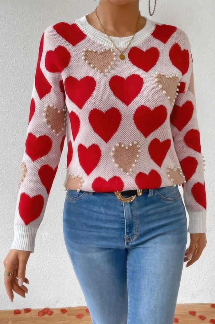 Round Neck Heart Shape Pearl Beads Knit Sweater - Image 4