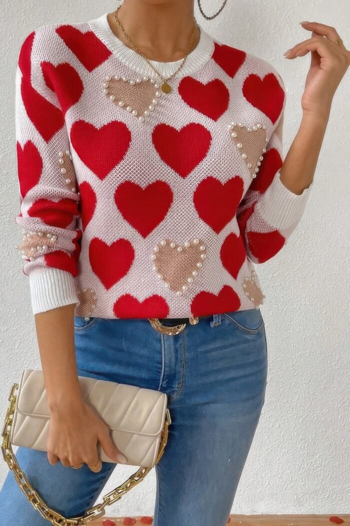 Round Neck Heart Shape Pearl Beads Knit Sweater - Image 5