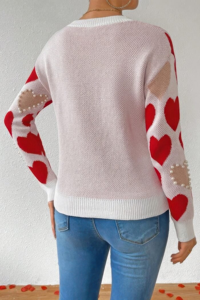Round Neck Heart Shape Pearl Beads Knit Sweater - Image 6