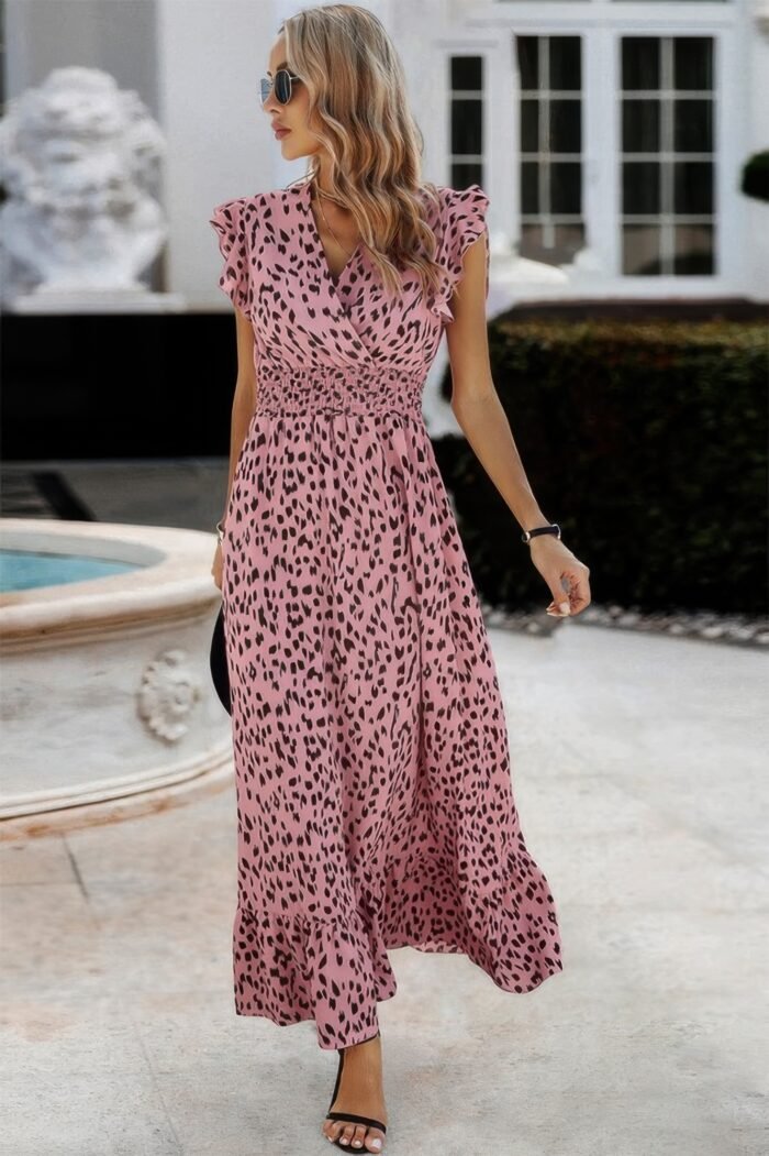 Sleeveless Tie Waist Surplice Wrap Leopard Dress - Image 1