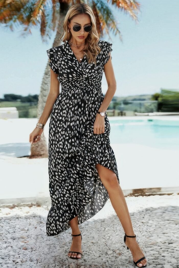 Sleeveless Tie Waist Surplice Wrap Leopard Dress - Image 11