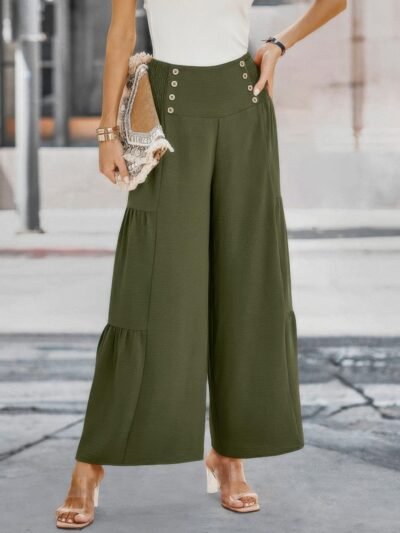 Solid Ruffle Button Wide Leg Pant