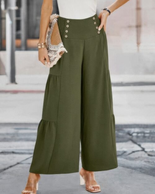 Solid Ruffle Button Wide Leg Pant