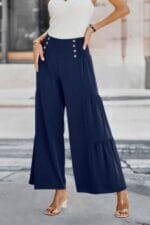 Solid Ruffle Button Wide Leg Pant