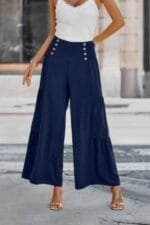Solid Ruffle Button Wide Leg Pant
