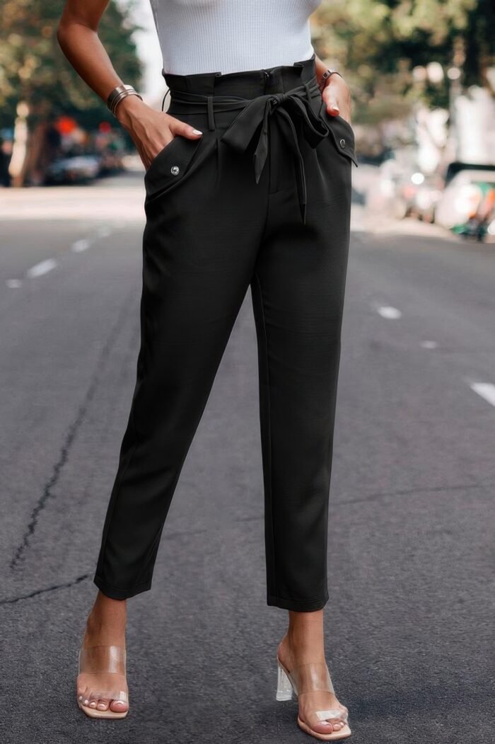 Ruffle Belt Pocket Solid Skinny Pants - Image 1