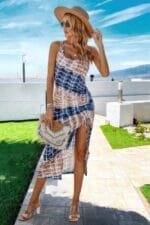 Ruched Allover Print Drawstring Split Thigh Dress