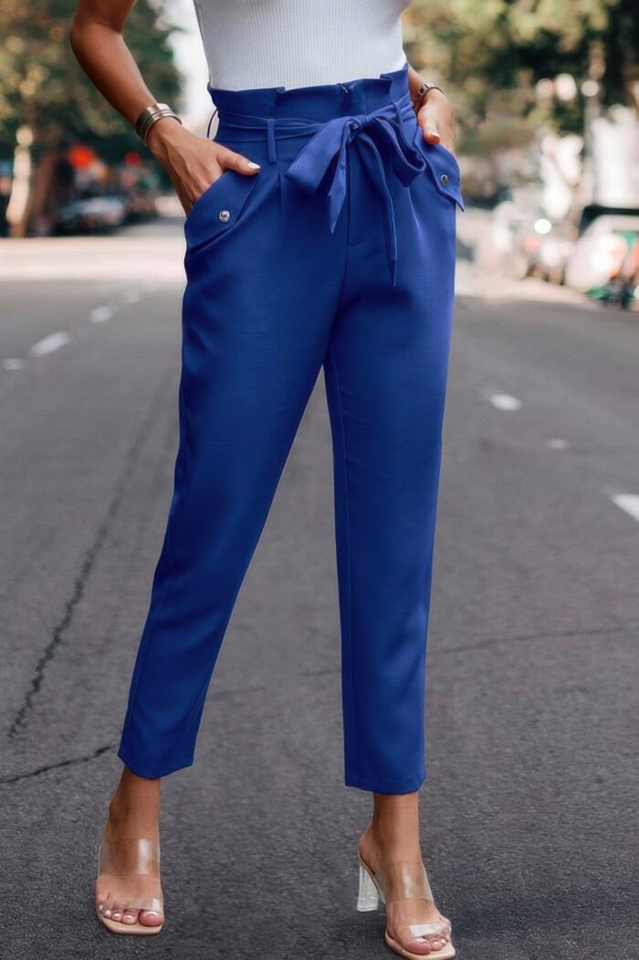 Ruffle Belt Pocket Solid Skinny Pants - Image 1