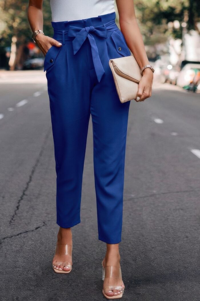 Ruffle Belt Pocket Solid Skinny Pants - Image 2