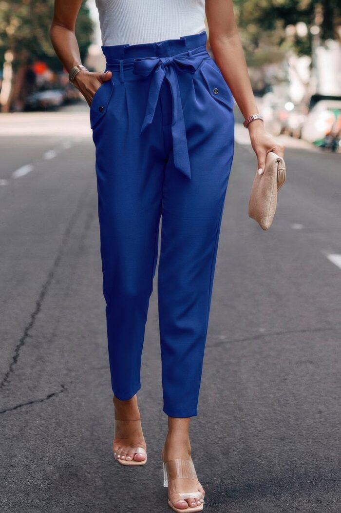 Ruffle Belt Pocket Solid Skinny Pants - Image 3