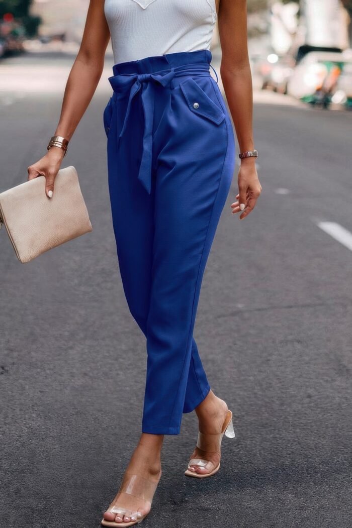 Ruffle Belt Pocket Solid Skinny Pants - Image 4