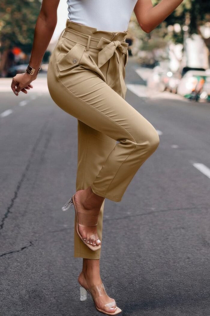 Ruffle Belt Pocket Solid Skinny Pants - Image 9