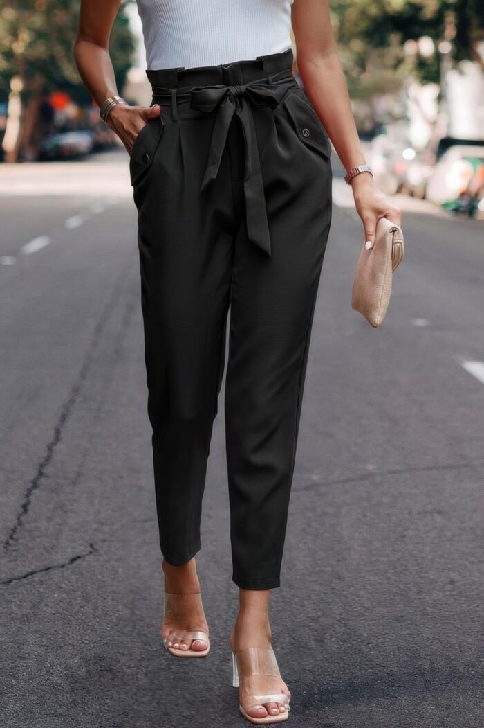 Ruffle Belt Pocket Solid Skinny Pants - Image 12