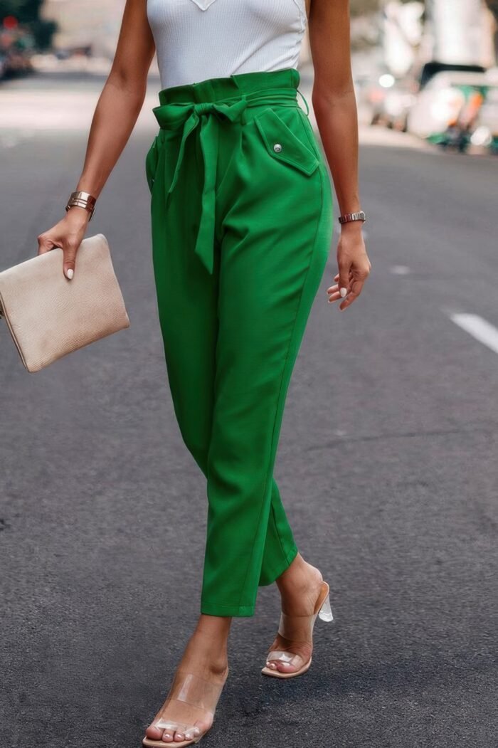 Ruffle Belt Pocket Solid Skinny Pants - Image 18