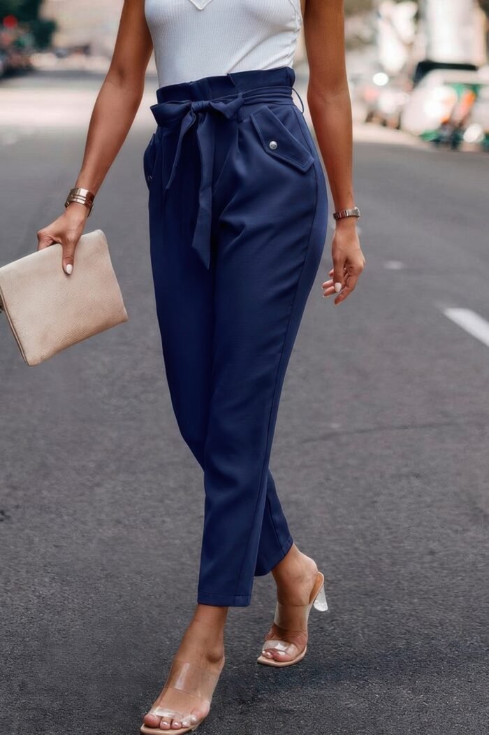 Ruffle Belt Pocket Solid Skinny Pants - Image 20
