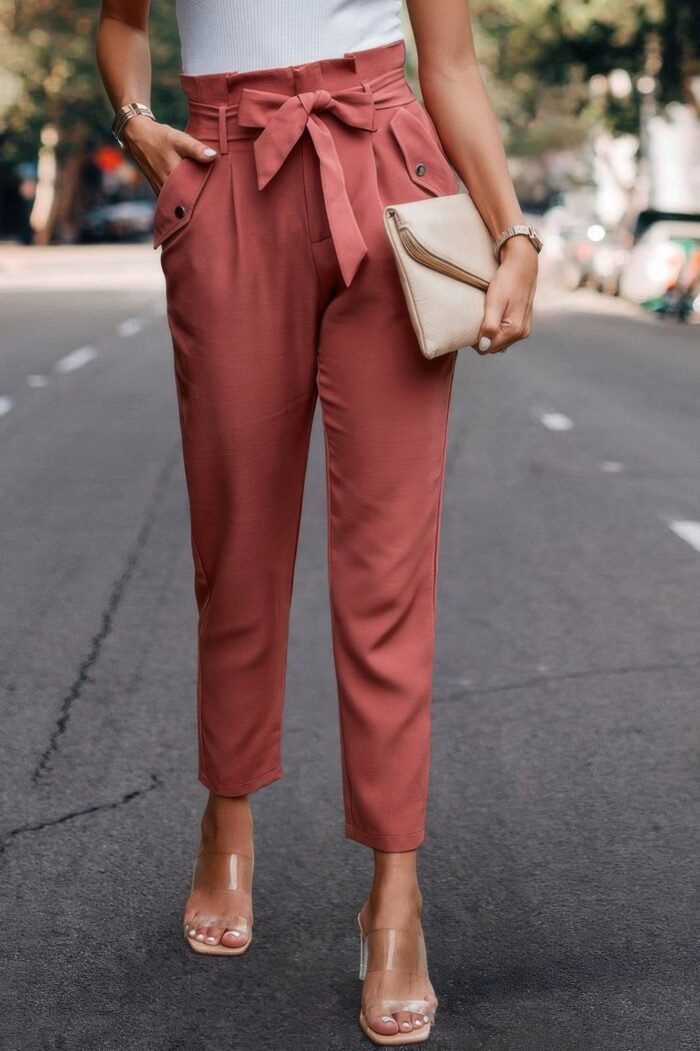 Ruffle Belt Pocket Solid Skinny Pants - Image 22