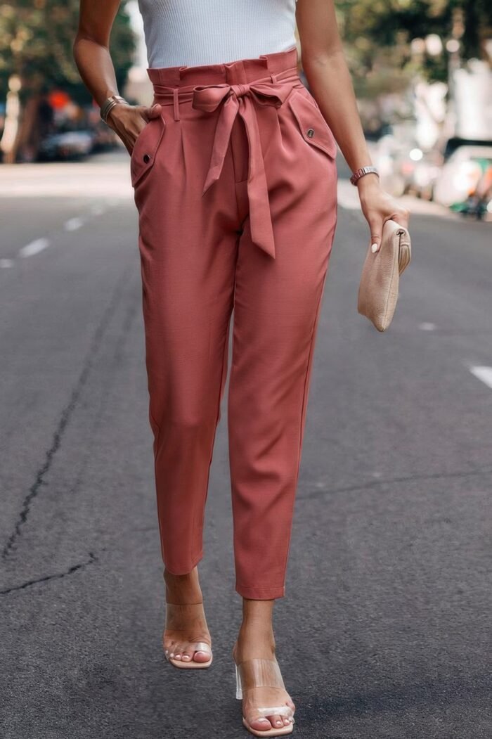Ruffle Belt Pocket Solid Skinny Pants - Image 23